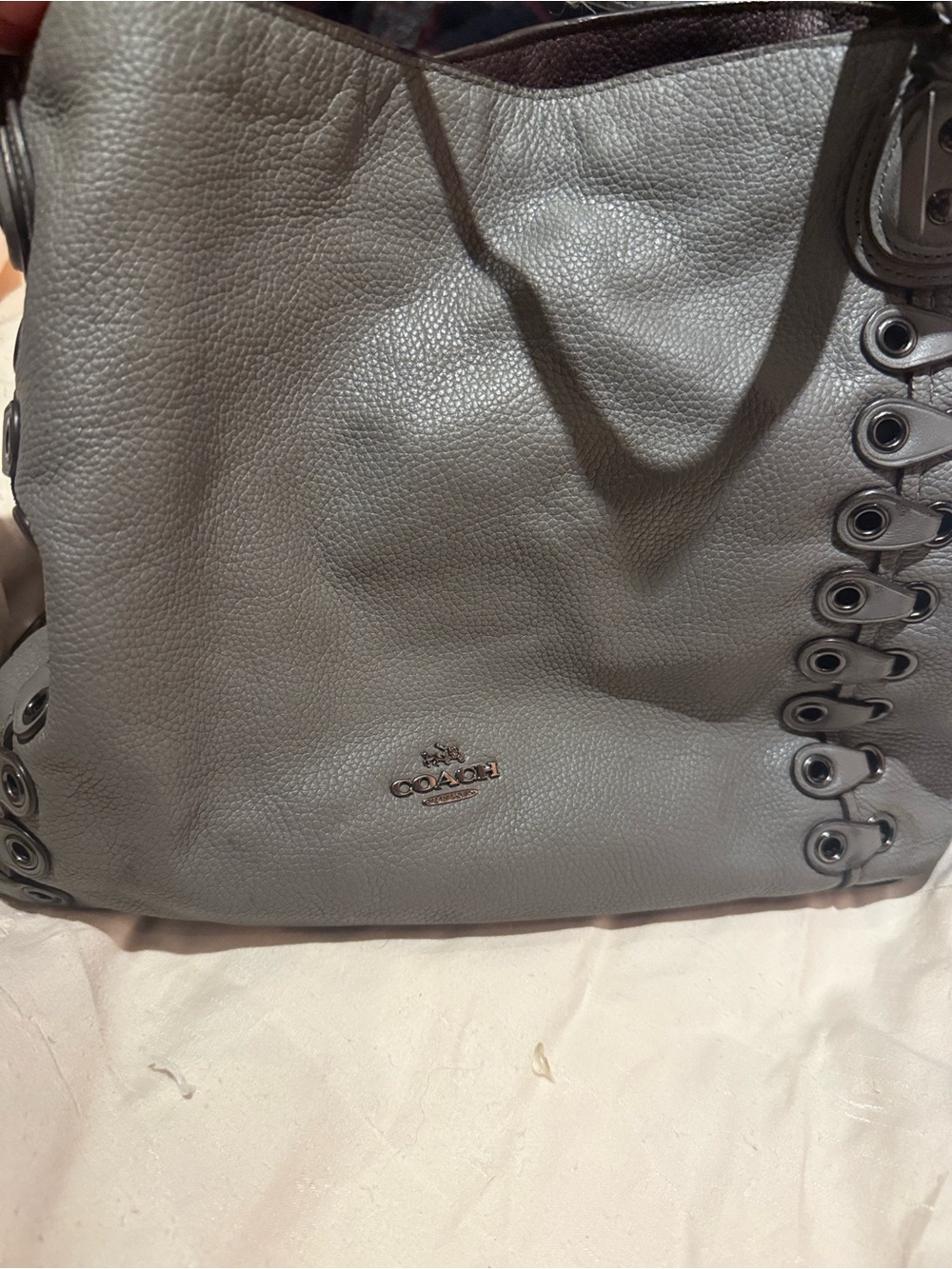 Coach Gray Pebbled Leather Shoulder Bag with Grommet Detail-Edie style